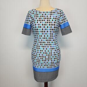 Tahari Geo Sheath Dress Size 4 Blue White Stretch Round Neck Career Office Siren